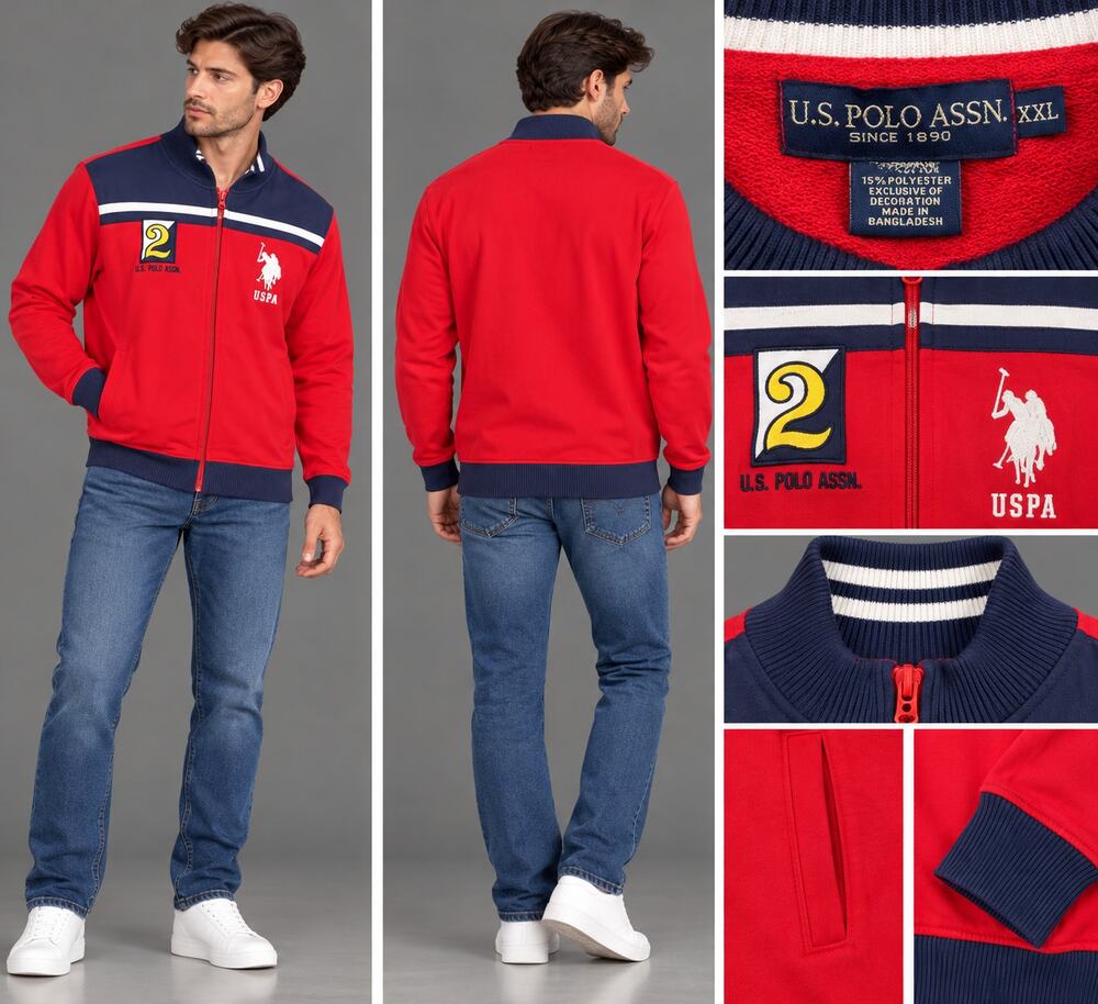 US Polo Assn Mens XXL Red Navy Full Zip Sweatshirt Jacket Polo Logo Patch